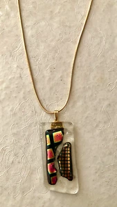 DICHROIC Fused Art Glass Foil Metallic Colors Pendant Necklace on Gold Chain - Picture 1 of 4