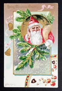 Tarjeta postal Loving Christmas Greetings Santa Evergreens Nueces Manzanas Tuck c1907 - Imagen 1 de 2