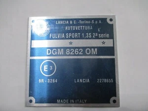 Lancia Fulvia Sport 1.3S 2Nd Series Zagato DGM 8262 OM Plate Type Plate Sign S65 - Picture 1 of 1