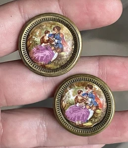 Pair of Antique Fragonard Limoges Porcelain Brass Victorian Drawer Handle Pulls - Picture 1 of 6