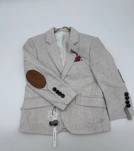 Elie Balleh Kleinkind Jungen 2/3 creme grau Nadelstreifen Blazer Sport Mantel Ellenbogenaufnäher - Bild 1 von 18