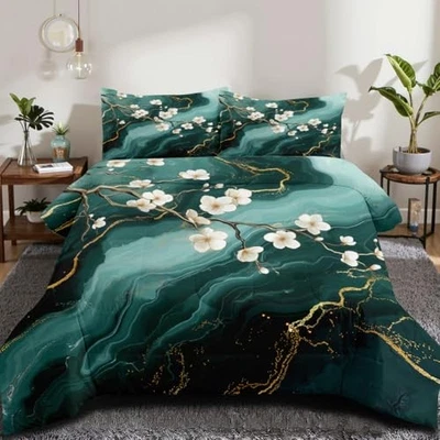 Juego de edredón de mármol verde oscuro Queen White Queen (90" x 90") mármol verde Lx163 Foto 1 de 4