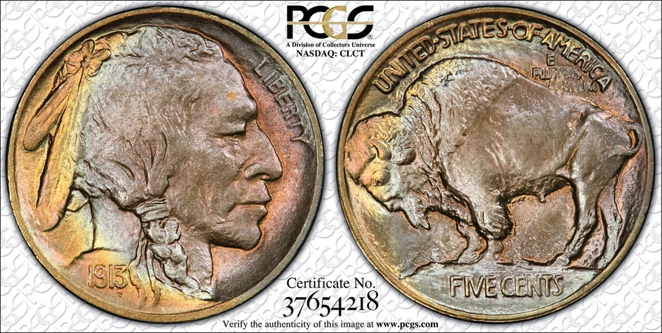 1913 (MS67+ CAC) Type 1 Buffalo Nickel 5C PCGS - First Year Colorful Toning - Image 1 of 3