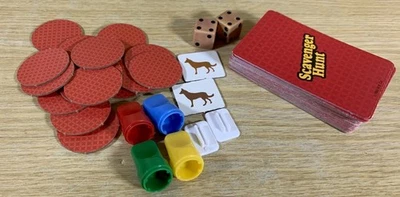 Scavenger Hunt 1983 Game Parts, Pawns, Stands, Dice, Cards, Cardboard Disc - Image 1 of 4