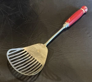 Vintage Ekco Kitchamajig Schlitzsieb Mischen Braten Spatel Löffel Rot Holzgriff - Bild 1 von 7