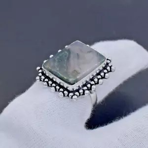 Anello vintage agata muschio verde fatto a mano argento sterling 925 placcato anello US 9 - Foto 1 di 6