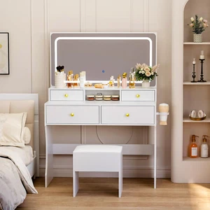 Vanity Desk with Mirror and Lights, Makeup Vanity Table with 4 Drawers - Picture 1 of 11