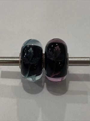 Authentic Glass Engraved Fuchsia Trollbeads, x2 Pink And Blue - Image 1 of 4