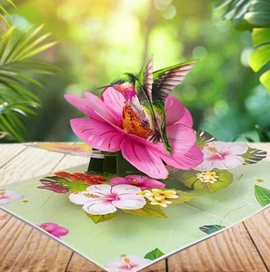 8x6” PopUp 3D Greeting Card Hummingbird Pink Flower Floral Birthday Mother’s Day - Picture 1 of 6