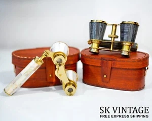 2 Antique Vintage Opera Glasses Binoculars White Mother of Pearl & Handle Brass - Picture 1 of 7