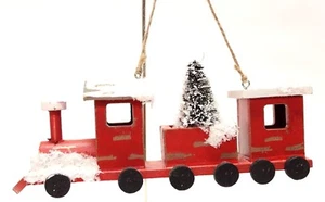 7" RED WOODEN NORTH POLE HOLIDAY TRAIN w/TREE FOLK ART CHRISTMAS ORNAMENT - Picture 1 of 1