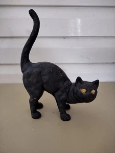 Vintage Black Cat Heavy Doorstop Cast Iron Hubley Style Arched Back Tail Up  - Picture 1 of 8
