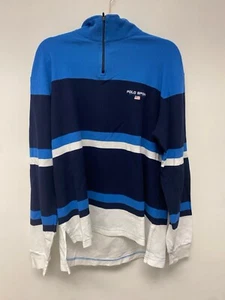 Vintage Polo Sport Ralph Lauren 1/4 Zip Sweater White Blue Striped Mens Large - Picture 1 of 6