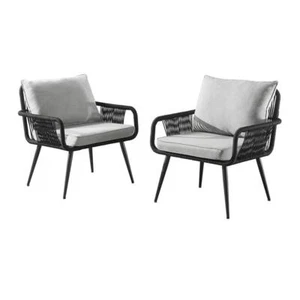 Andover All-Weather Black Wicker Chairs with Light Gray Cushions (Set of Two) - Picture 1 of 7