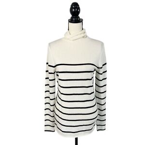 Women's Halogen Cashmere Blend Turtleneck Sweater White Black Stripe Sz Medium