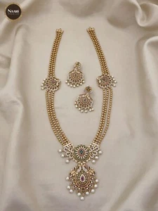 Collana con zirconi di perle placcate oro gioielli lunghi indiani del sud con orecchini abbigliamento festa - Foto 1 di 10