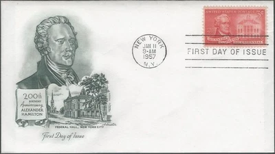 Scott 1086 FDC - 3 cent - 1957 - Birth Anniversary of Alexander Hamilton - FDOI - Image 1 of 2