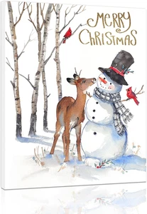 Christmas Canvas Wall Art: Snowman Deer and Cardinal Red Bird Christmas Decor Pi - Picture 1 of 12