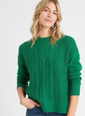 Banana Republic Mujer Grueso Cable Tejido Cuello Redondo Verde Esmeralda Talla M Foto 1 de 4