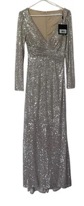 Maxi Vestido Formal Leena By Mac Duggal Plateado Lentejuelas Manga Larga Talla 2 $398 - Imagen 1 de 9