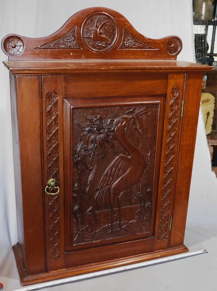 Antique Art Nouveau medicine cabinet hand carved crane fish ca. 1890 mahogany - Image 1 of 4