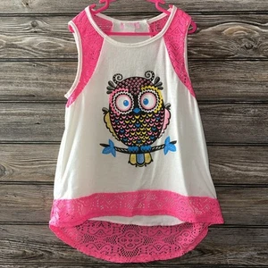 Dream Girl Talla 14/16 Sin Mangas Blanco Rosa Caliente Encaje Búho Camiseta Sin Mangas Alta Baja - Imagen 1 de 4