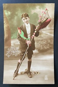 Edwardian original photo postcard 1910s boy 1st April fish fishing flower - Picture 1 of 2