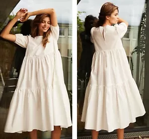Aritzia Wilfred Size S Rengo Maxi Tiered Dress Puff Sleeves Cotton White - Picture 1 of 14