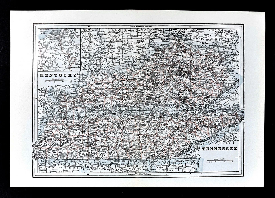 c 1890 Cram Map - Kentucky & Tennessee - Nashville Memphis Louisville Cincinnati - Image 1 of 1