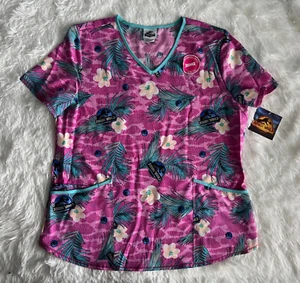 Jurassic World Women’s Scrub Top Sz Large Dinosaur Purple Shirt Medical Nursing - Picture 1 of 10