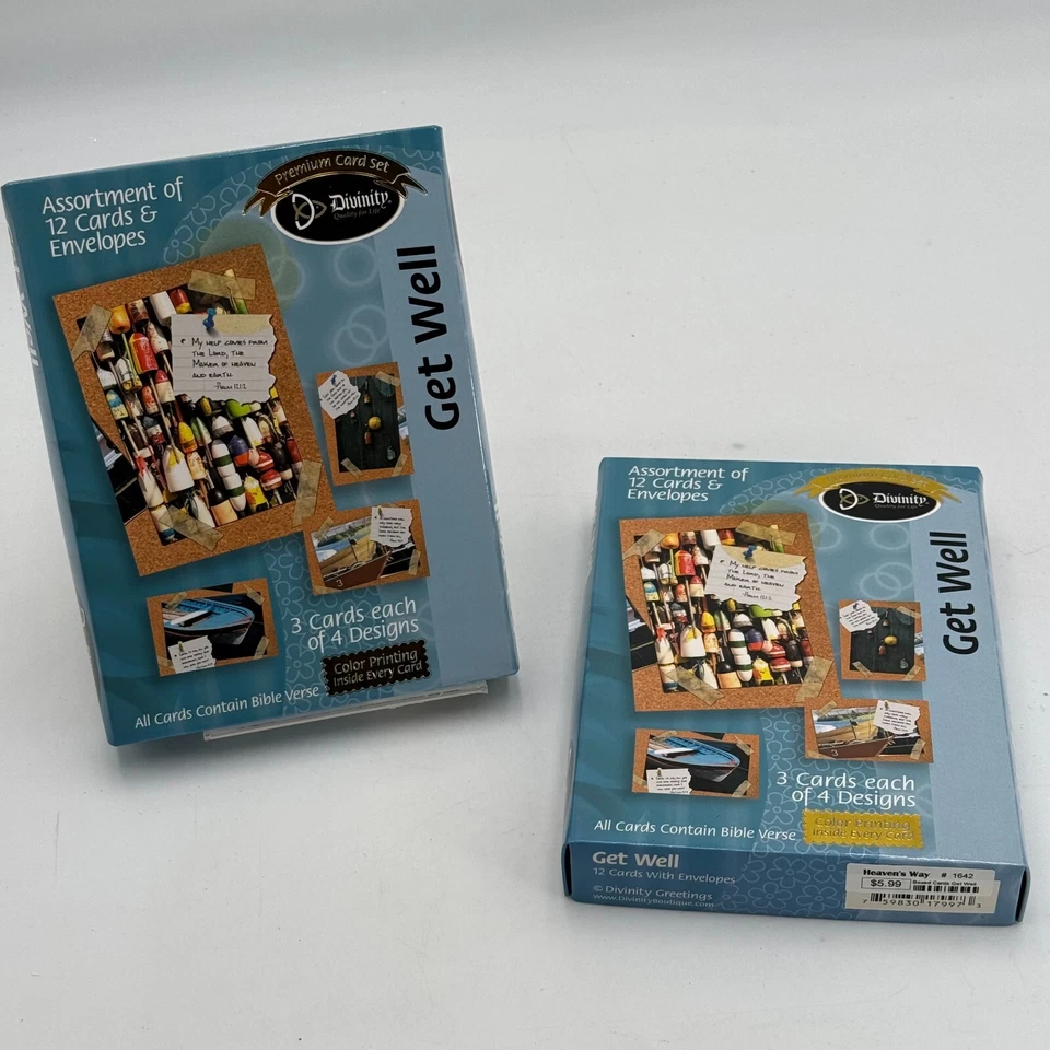 24 Get Well Cards & Envelopes Boating Fishing Theme Premium Sets Bible Verses - Image 1 of 4