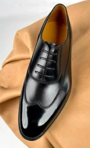 Real Leather Customize Shoes, Black Leather Wingtip For Party, Wedding Shoes - Picture 1 of 11