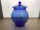 Blue Glass  Jar with lid and etching