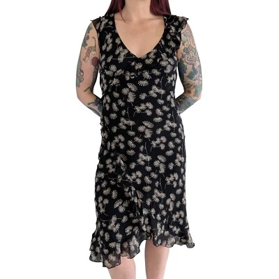 Vestido midi vintage de seda The Limited negro y tostado con volantes de diente de león | 6 Foto 1 de 4