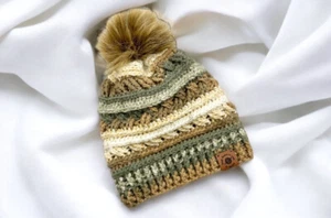 Women’s Earth-Tone Faux Fur Pom Pom Hat with Removable Pom, Women’s Crochet Hat - Picture 1 of 1