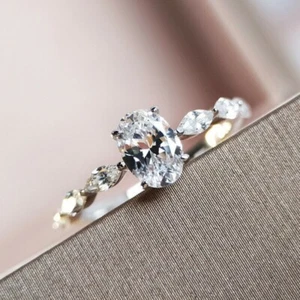 2 Ct Oval-Cut Real Moissanite Solitaire Engagement 14K White Gold Finish - Picture 1 of 5