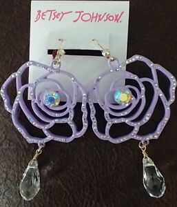 Betsey Johnson Flower Show Purple Flower W/ Clear & Iridescent Crystals Necklace