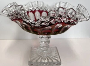 Vintage Westmoreland Wakefield Pedestal Ruby Stained Thumb Print Ruffled Compote - Picture 1 of 12