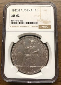 Bester Preis! Silbermünze 1922 H Französisch Indo-China Piastre NGC MS 62 UNC - Bild 1 von 2