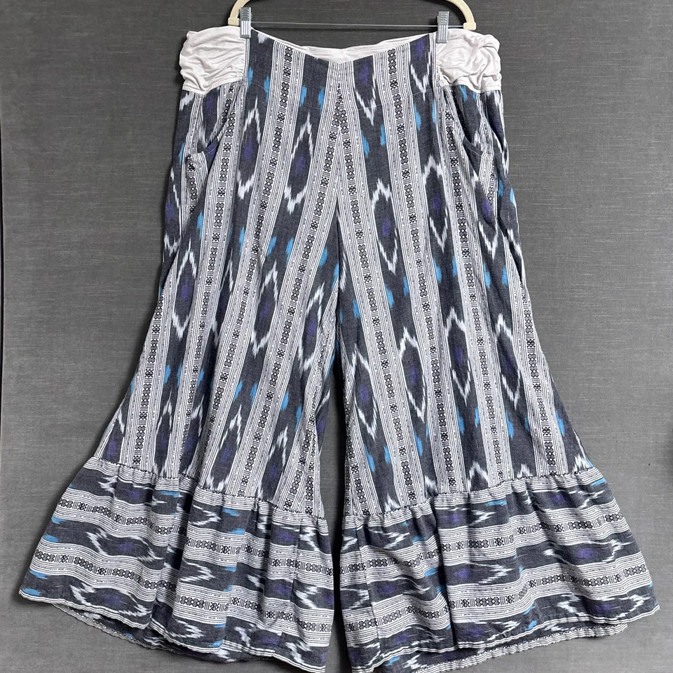 Soft Surrounding Pants 2X Gray Blue Ikat Ruffle Boho Gypsy Beach Casual Wide Leg - Image 1 of 4