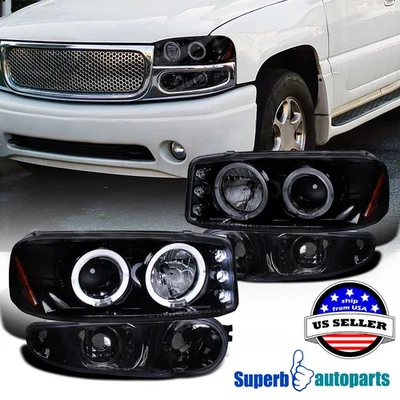 Fits 2000-2006 Sierra Denali Halo Projector Headlights+Bumper Lamps Black Smoke Foto 1 de 4