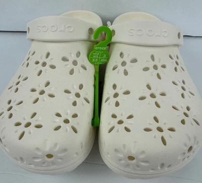 Crocs Classic Floral Cut Out Clogs/Slip On Shoes- White/Chalk- Women's Sizes-NWT - Image 1 of 4