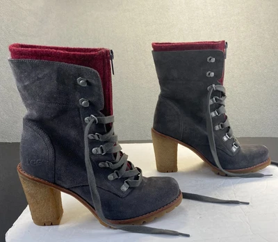UGG Australia Botas Mujer Talla 8 Gris/Borgoña Cremallera Con Cordones Tacón de Combate Damas Foto 1 de 4