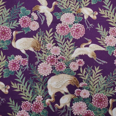 Asian Cranes Fabric Purple Chrysanthemums 2.8 Yards x 42 Precut - Image 1 of 4