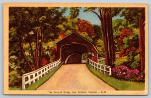 Postcard Vermont Rutland Covered Bridge Linen Unposted c1940s VT - Picture 1 of 2