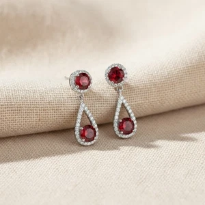 Natural Red Garnet Silver Earrings Halo Teardrop Earrings Sterling Silver Jewelr - Picture 1 of 11