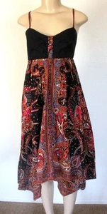 Venus M Black Blue Orange Red Paisley Asymmetrical Empire Waist Midi Sun Dress - Picture 1 of 9