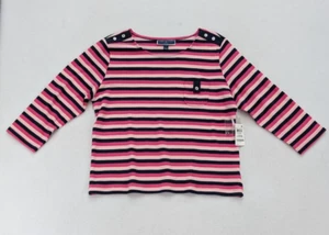 Karen Scott Women's Top Size L Pink Striped Round Neck 3/4 Sleeve Stretch Knit - Picture 1 of 19