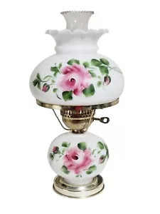 Vintage Brass And Milk Glass Table Hurricane Lamp Pink Roses 14"- 15 1/2" Tall - Picture 1 of 11