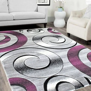 Swirls/Circles/Spiral Modern Abstract Hand Carved Rugs Purple Silver Gray - Picture 1 of 19